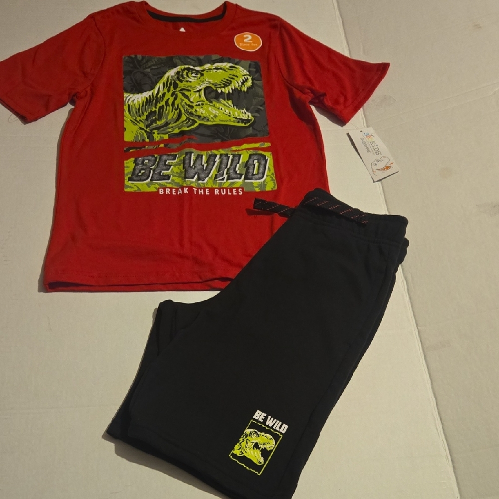Be Wild Kids' Red Dino Tee & Black Shorts Matching Set